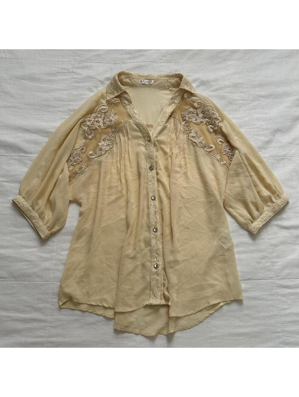 Axes Femme Yellow Lace Sheer Embroidered Button Up Blouse Size M Japan